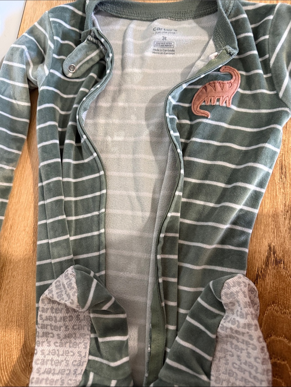 Carter's Green and White Striped Dino Footed Sleep Sack
